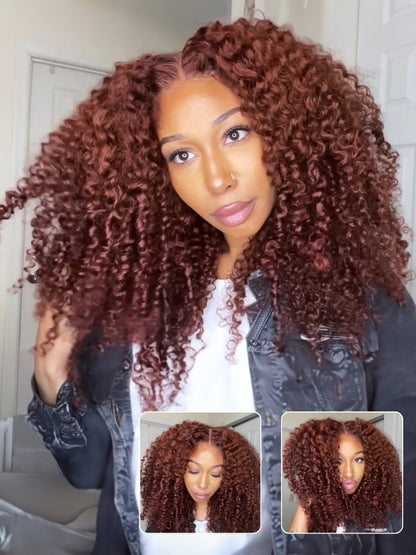 Sunber 7×5 Pre Cut Lace Reddish Brown Jerry Curly Bye Bye Knots Wig With Invisi Drawstring