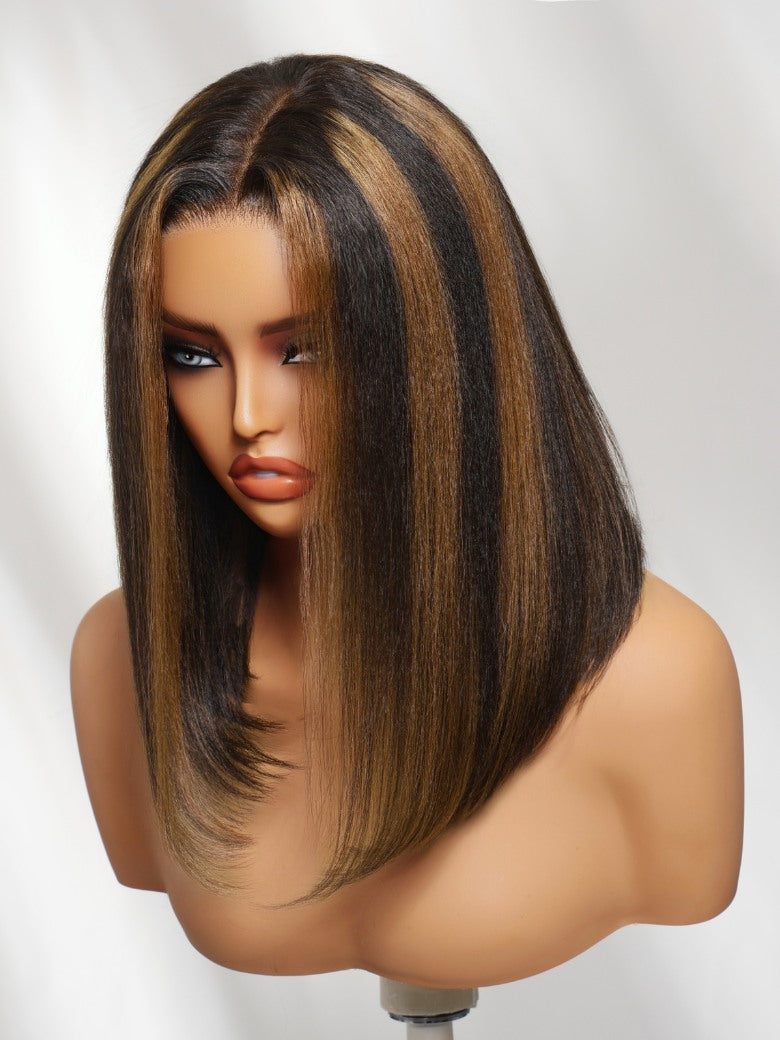 Extra 50% Off | Sunber Golden Brown Highlights 7x5 Bye Bye Knots Yaki Straight Lace Water Wave Lace Closure Wig With Pre Bleached Tiny Knots