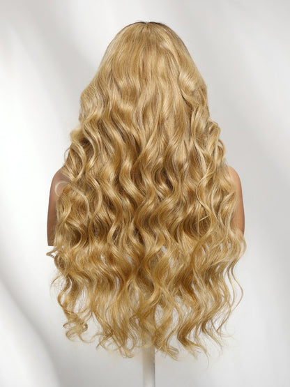 Sunber 7x5 Pre Cut Sun-kissed Golden Ombre Honey Blonde Long Body Wave Lace Frontal Wig With Brown Roots