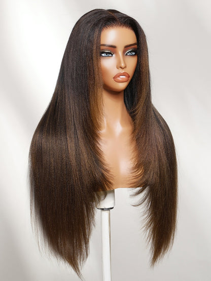 Sunber 7x5 Bye Bye knots Ombre Chestnut Brown Face-framing Feathered Layers Yaki Straight With Invisi Drawstring