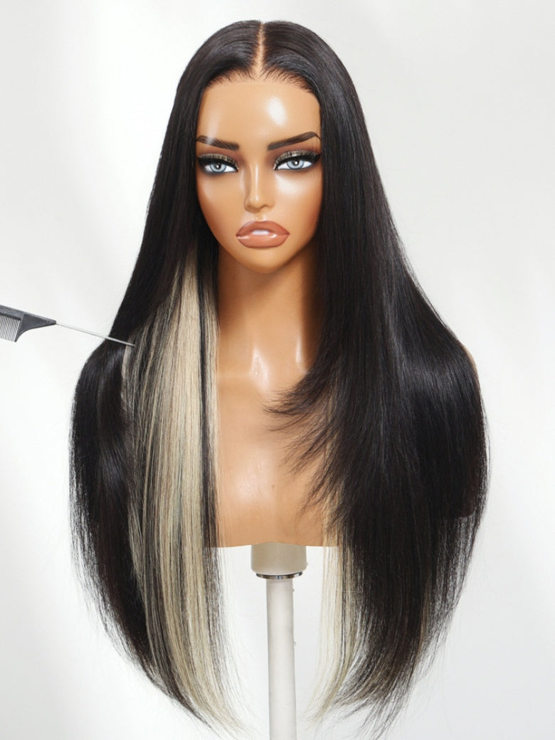 Sunber 7x5 Pre Cut Black Blond Straight Layered Peekaboo Highlights Lace Wigs With Invisi Drawstring