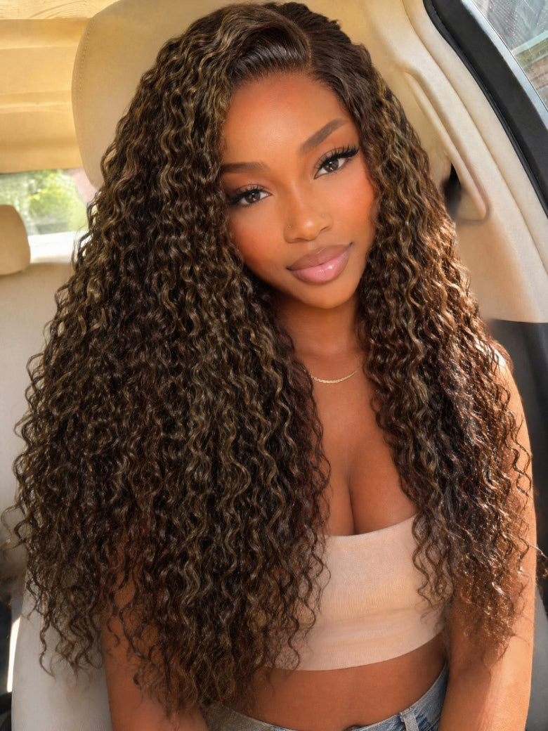 Sunber Jerry Curly 7x5 Bye Bye Knots Chocolate Brown With Caramel Highlights Colore Wig