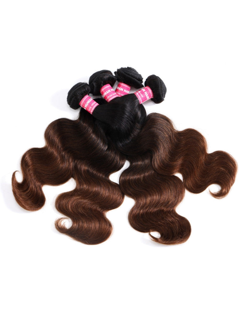 Sunber Body Wave 2/3/4Pcs Virgin Hair Extensions With Black to Chestnut Brown Ombre Bundles