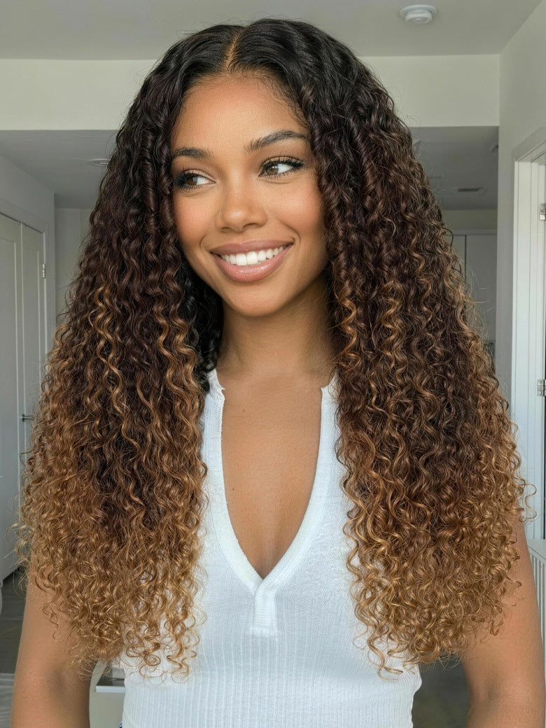 Sunber 7x5 Pre Cut Dark Brown Ombre With Caramel Ends Curly Wave Lace Wig With Finger Coil Defined Curls