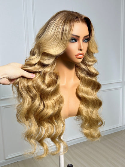 Sunber 7x5 Pre Cut Sun-kissed Golden Ombre Honey Blonde Long Body Wave Lace Frontal Wig With Brown Roots