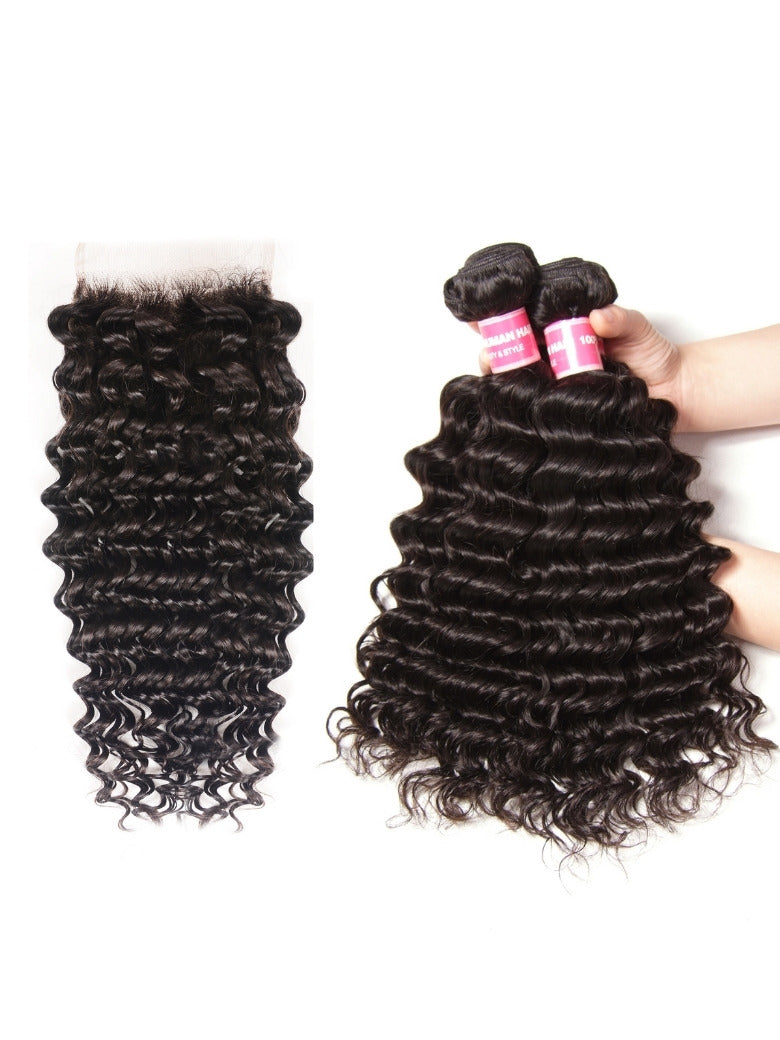 Sunber Deep Wave 4 Bundles Human Hair Weave With 4x4 Lace Closure Free Part Flash Sale