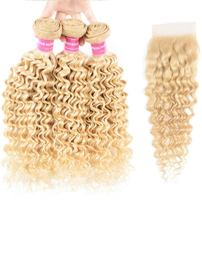 Sunber Hair 613 Blonde Deep Wave 3PCS  With 4X4 Lace Closure 100% Virgin Human Hair Weaves