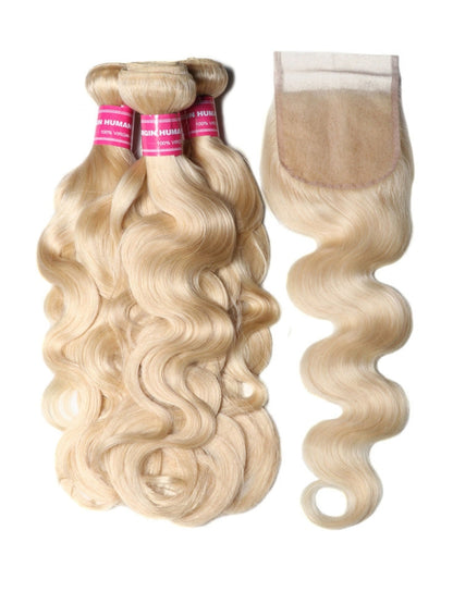 Sunber Hair 3 Bundles 613 Blonde Body Wave Human Hair Weaves With 4X4 Lace Closure