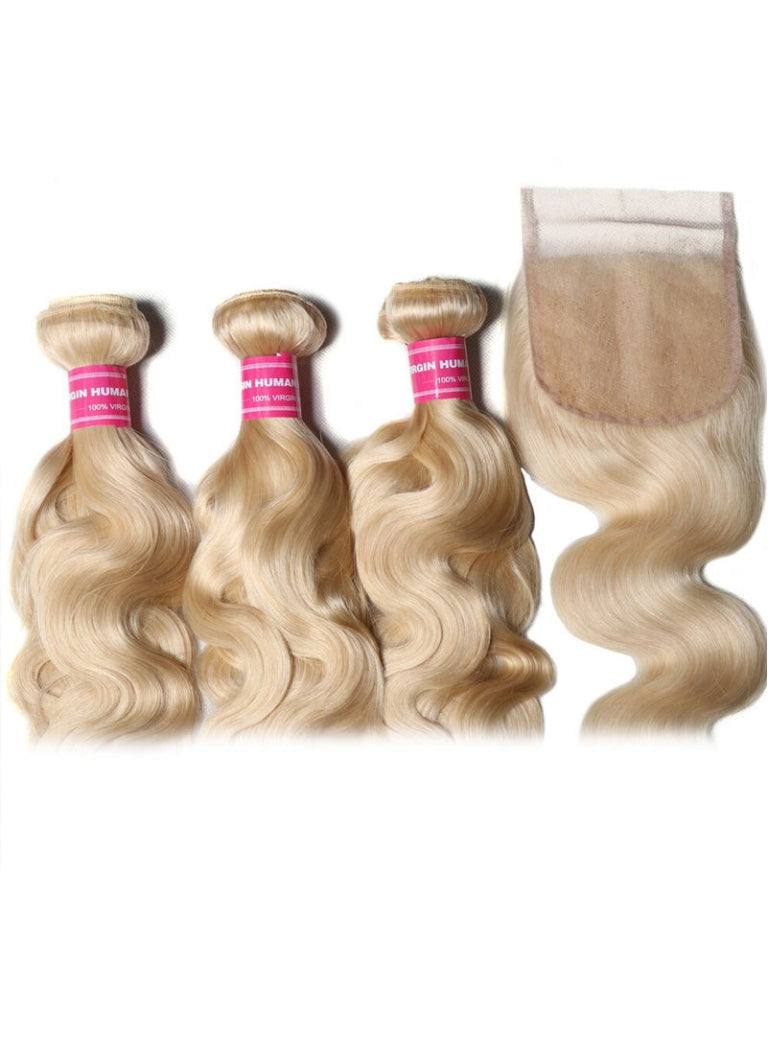 Sunber Hair 3 Bundles 613 Blonde Body Wave Human Hair Weaves With 4X4 Lace Closure