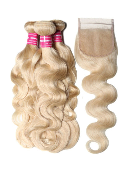 Sunber Hair 3 Bundles 613 Blonde Body Wave Human Hair Weaves With 4X4 Lace Closure