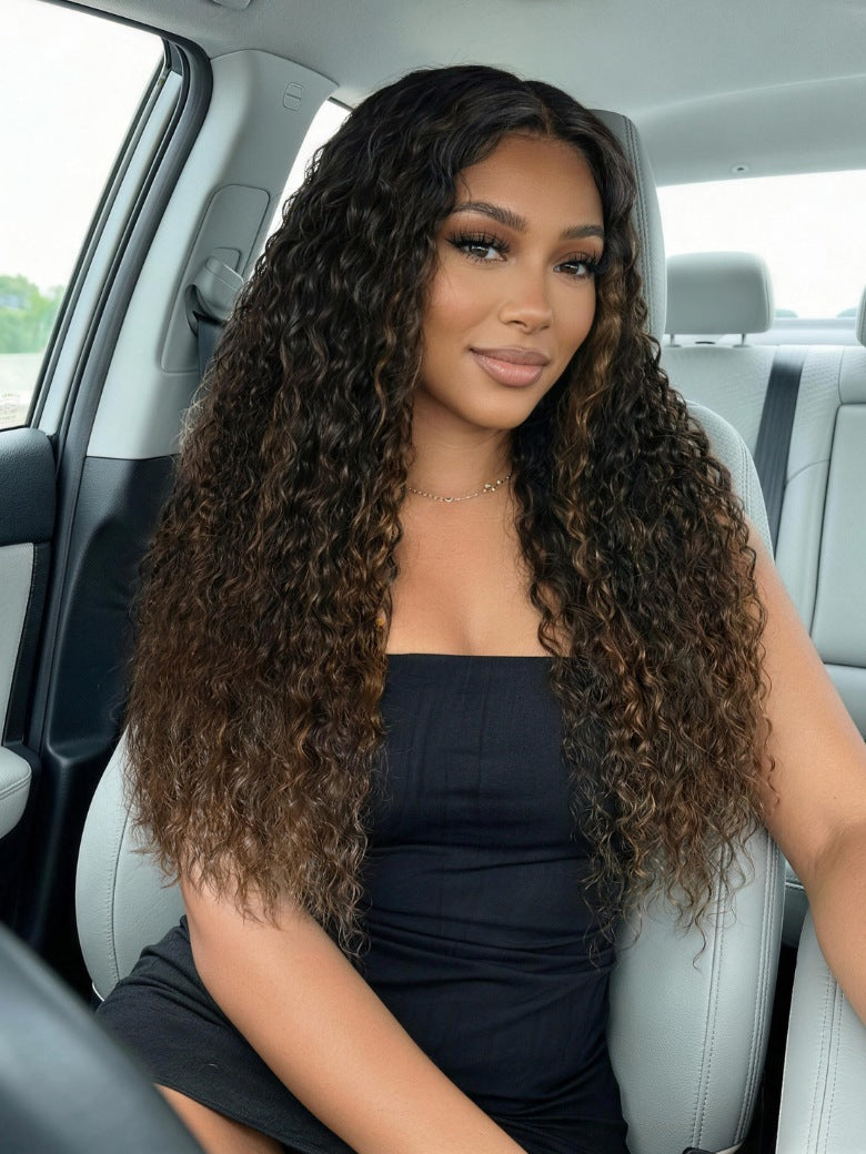 Sunber 7x5 Pre Cut Ombre Chestnut Brown Water Wave & Curly Mixed Lace Wig With Invisi Drawstring