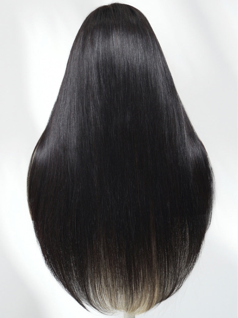Sunber 7x5 Pre Cut Black Blond Straight Layered Peekaboo Highlights Lace Wigs With Invisi Drawstring