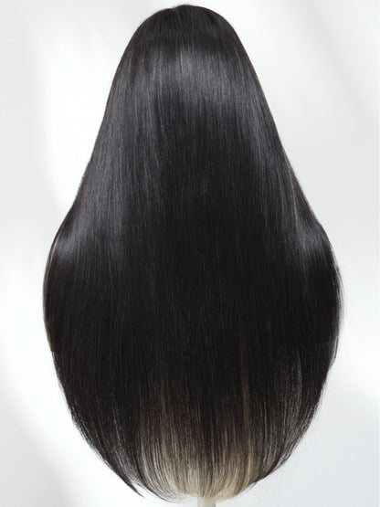 Sunber 7x5 Pre Cut Black Blond Straight Layered Peekaboo Highlights Lace Wigs With Invisi Drawstring
