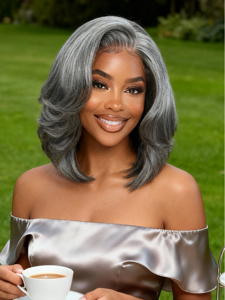 Sunber Salt and Pepper Layered Bob Minimalist Lace 6.5*5*1.5 Side Part Grey Wig
