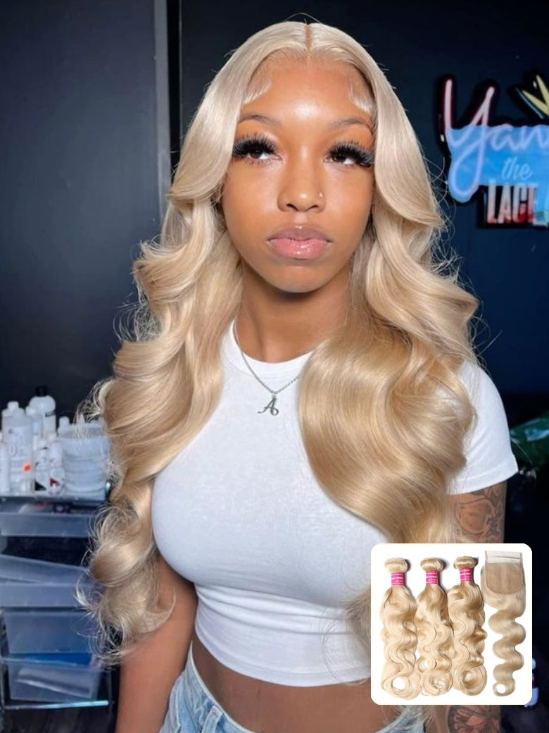 Sunber Hair 3 Bundles 613 Blonde Body Wave Human Hair Weaves With 4X4 Lace Closure