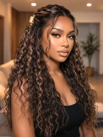Extra 50% Off | Sunber Golden Brown Highlights 7x5 Bye Bye Knots Yaki Straight Lace Water Wave Lace Closure Wig With Pre Bleached Tiny Knots