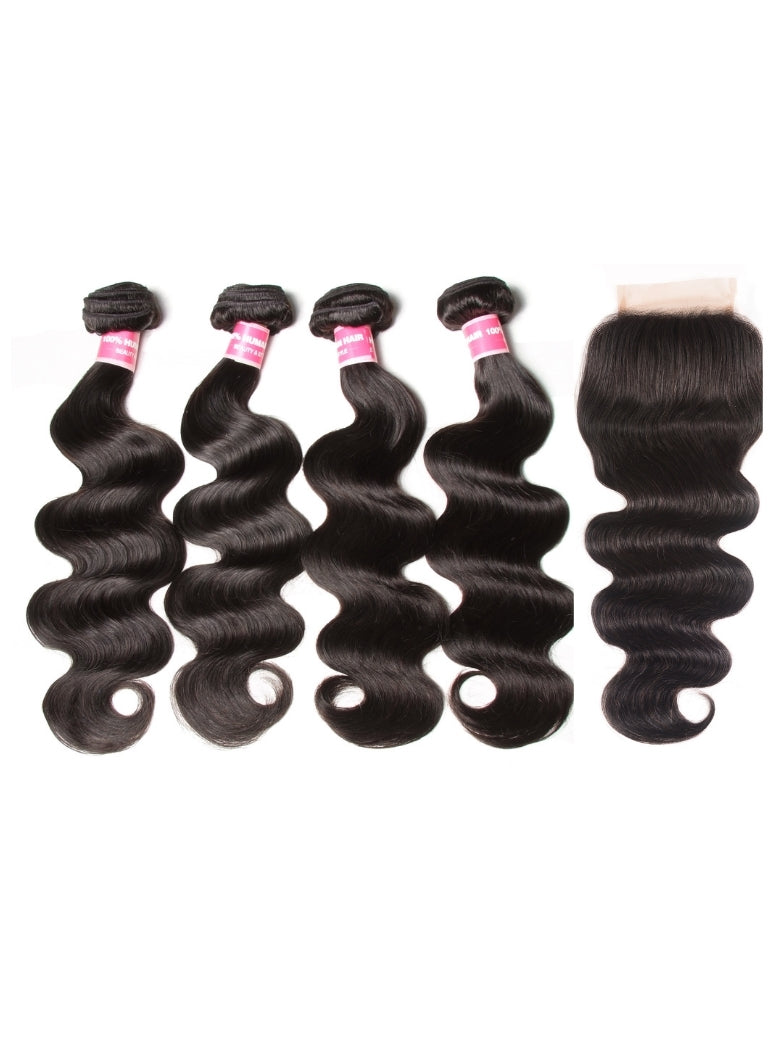 Sunber Hair Brazilian Body Wave Remy Human Hair 4 Bundles With 4*4 Lace Closure 100% Human Hair Extensions Flash Sale
