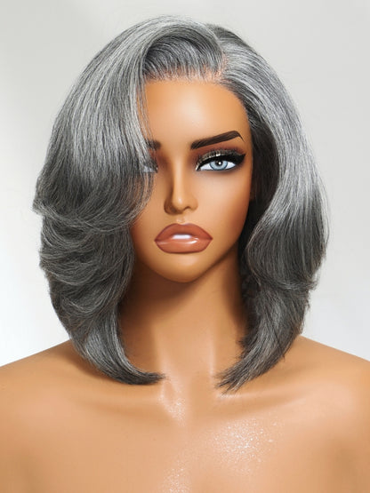 Sunber Salt and Pepper Layered Bob Minimalist Lace 6.5*5*1.5 Side Part Grey Wig