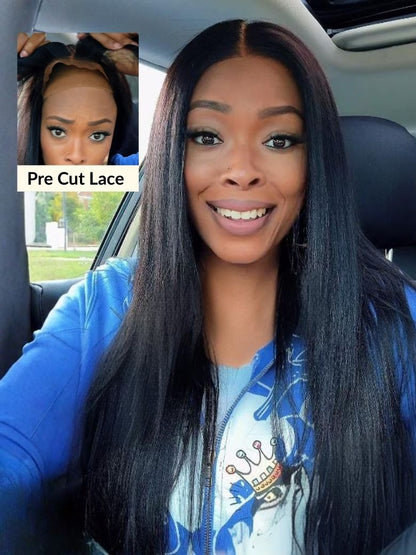 Flash Sale Sunber Blunt Cut Light Yaki Straight 7x5 Pre-Cut Lace Bye Bye Knots Glueless Bob Wig Pre-plucked