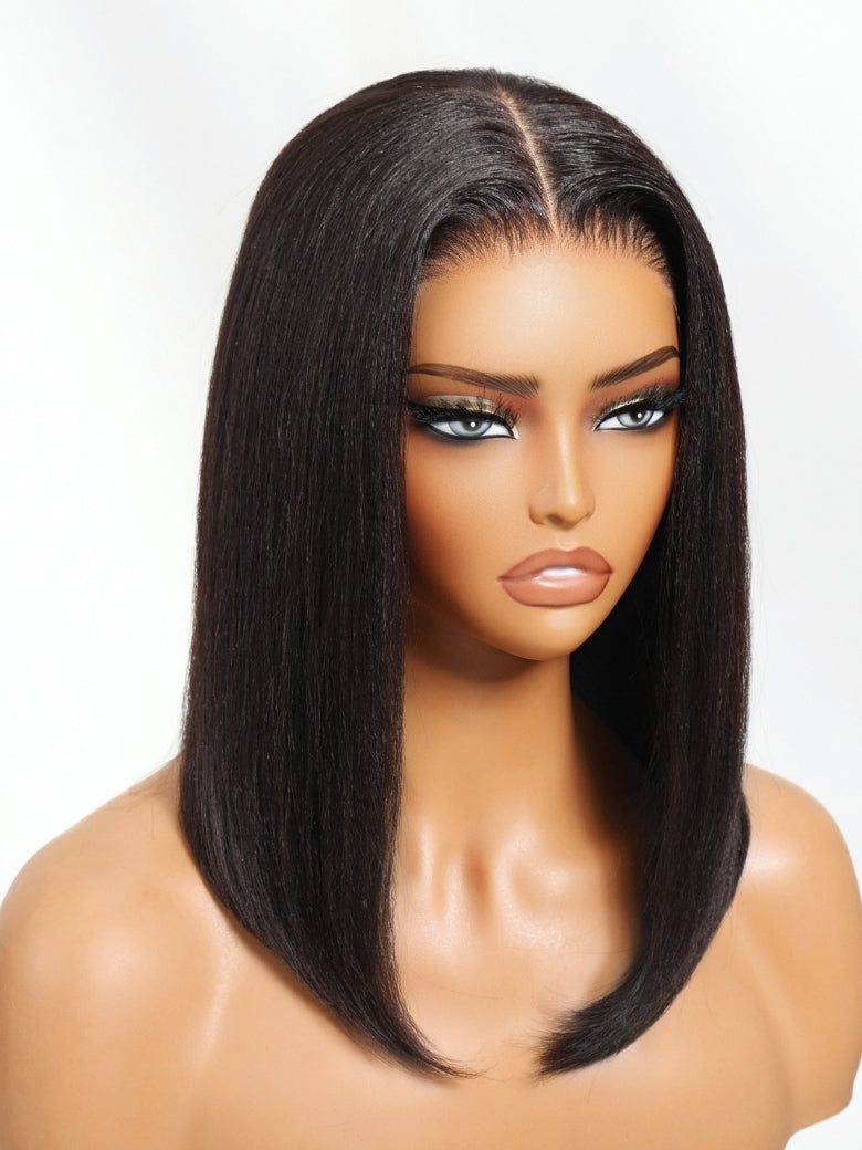 Flash Sale Sunber Blunt Cut Light Yaki Straight 7x5 Pre-Cut Lace Bye Bye Knots Glueless Bob Wig Pre-plucked