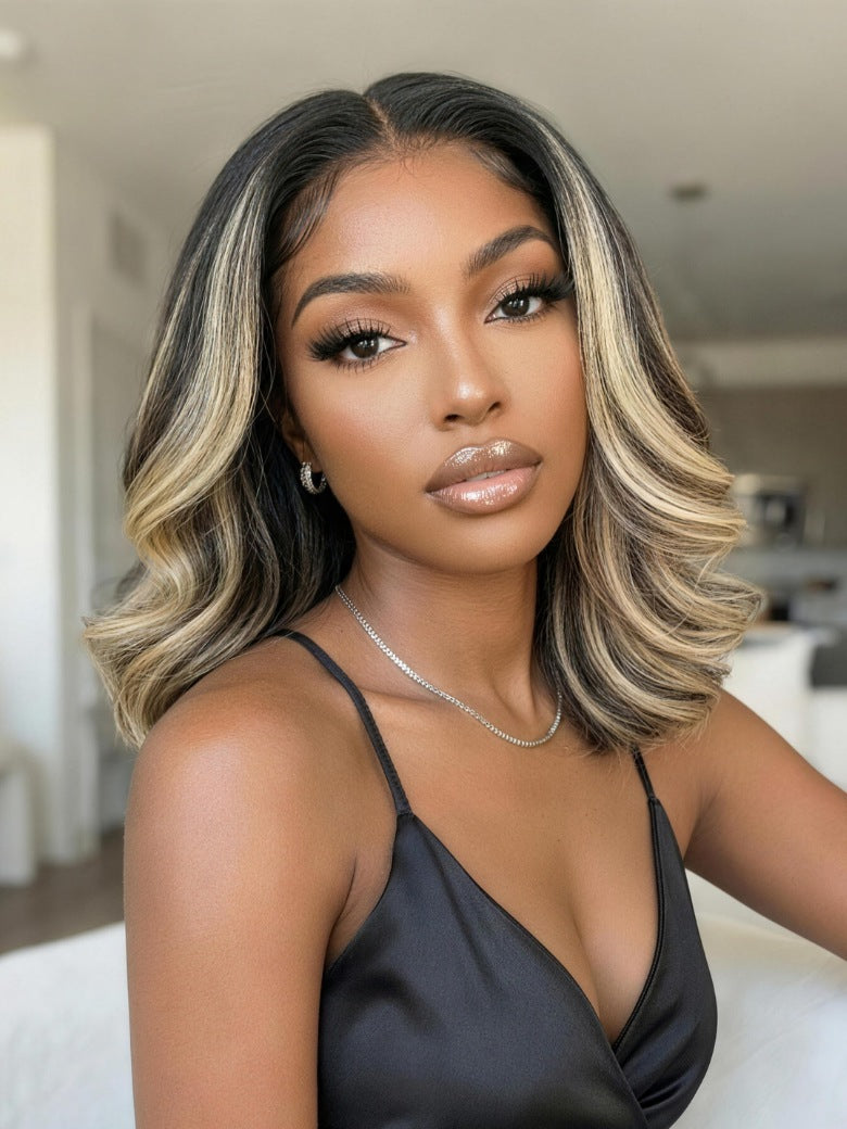 Sunber 7x5 Pre Cut Dark Brunette with Ash Blonde Highlight Bob Shoulder Length Lace Wig Feathered Layered Blowout