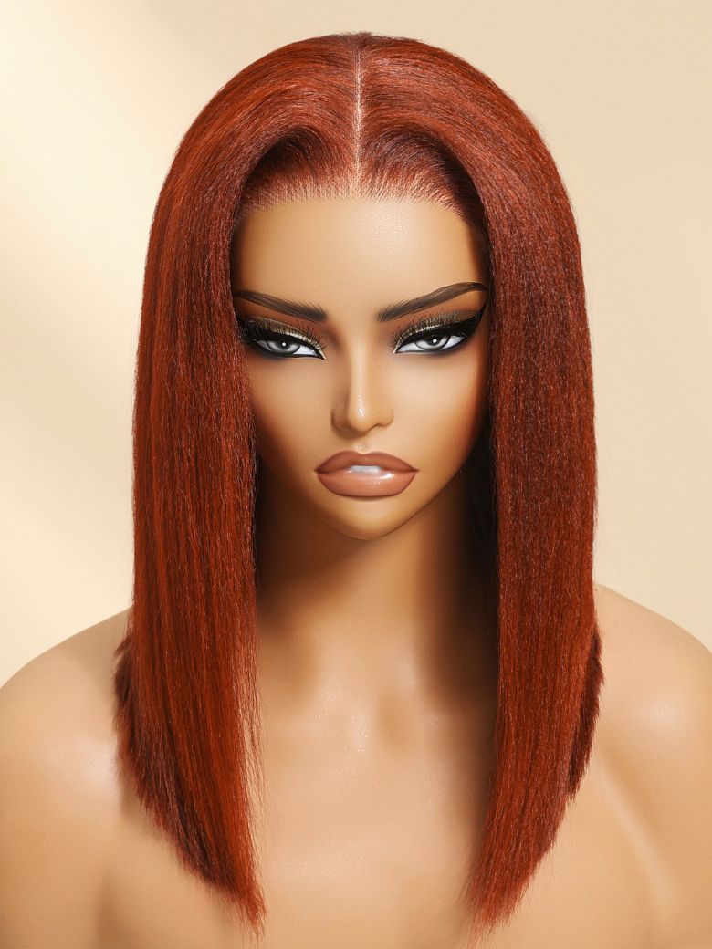 Sunber 7x5 Pre Cut Lace Reddish Brown Yaki Straight Bob/Jerry Curly Bye Bye Knots Gluelesss Invisible Knots Wig With Invisi Drawstring Flash Sale