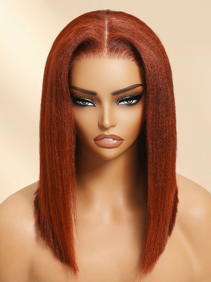 Sunber 7x5 Pre Cut Lace Reddish Brown Yaki Straight Bob/Jerry Curly Bye Bye Knots Gluelesss Invisible Knots Wig With Invisi Drawstring Flash Sale