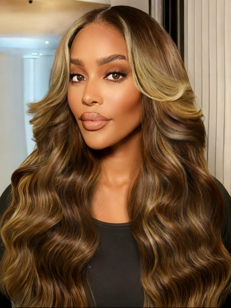 Sunber Honey Chestnut Brown 13x4 Pre Everything Lace Frontal Highlights Wig With Face Framing Curtain Bangs
