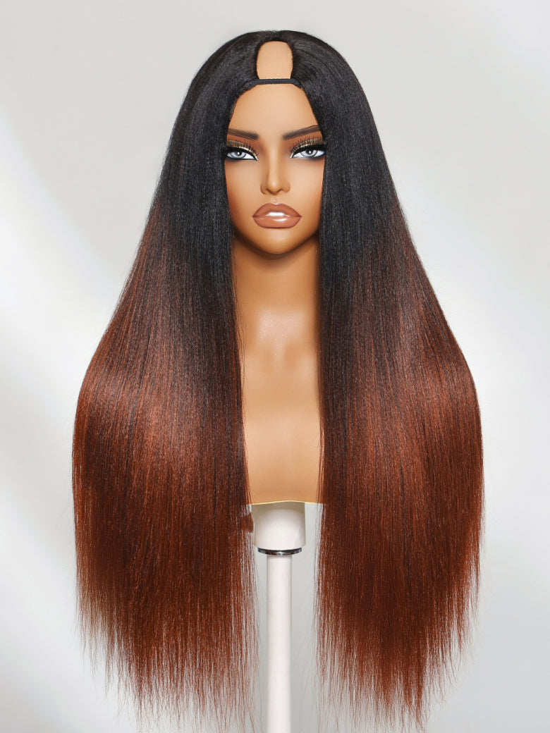 Sunber 20Inch Yaki Straight V Part Wigs Ombre Reddish Brown with Dark Roots Upgrade Invisi Drawstring Vip Member Flash Sale