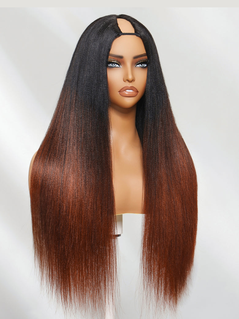 Sunber 20Inch Yaki Straight V Part Wigs Ombre Reddish Brown with Dark Roots Upgrade Invisi Drawstring Vip Member Flash Sale
