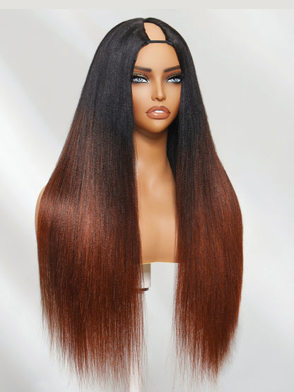 Sunber 20Inch Yaki Straight V Part Wigs Ombre Reddish Brown with Dark Roots Upgrade Invisi Drawstring Vip Member Flash Sale