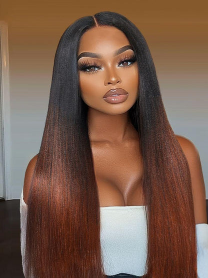 Sunber 20Inch Yaki Straight V Part Wigs Ombre Reddish Brown with Dark Roots Upgrade Invisi Drawstring Vip Member Flash Sale