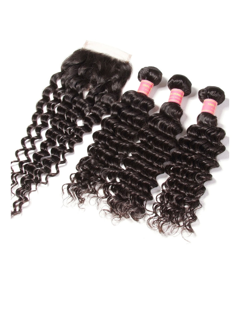Sunber Hair Brazilian Virgin Deep Wave Hair 3 Bundles With  4"*4" Lace Closure, 100% Human Hair Flash Sale