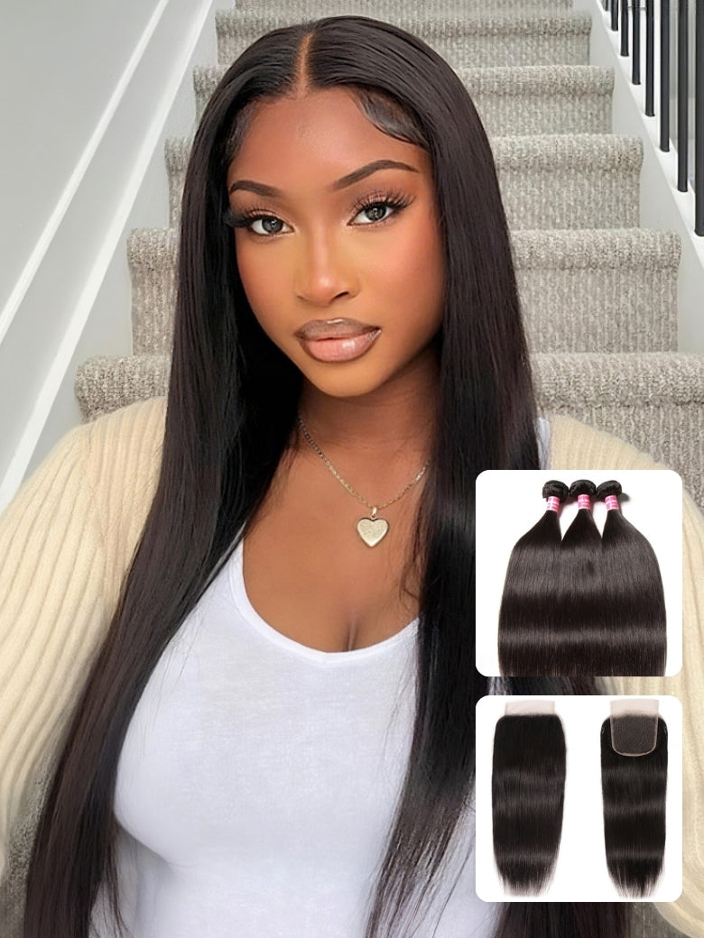 Sunber Hair Brazilian Virgin Hair Silky Straight Hair 3 Bundles Human Hair Weaves With 4x4 Lace Closure Flash Sale