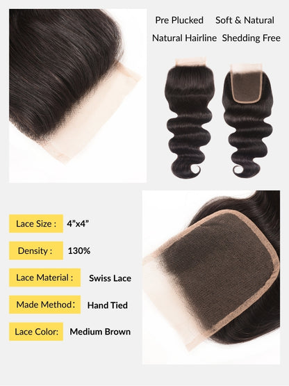 Sunber Malaysian Body Wave 3 Bundles Weaves with 4x4 Lace Closure Affordable Remy Human Hair Flash Sale