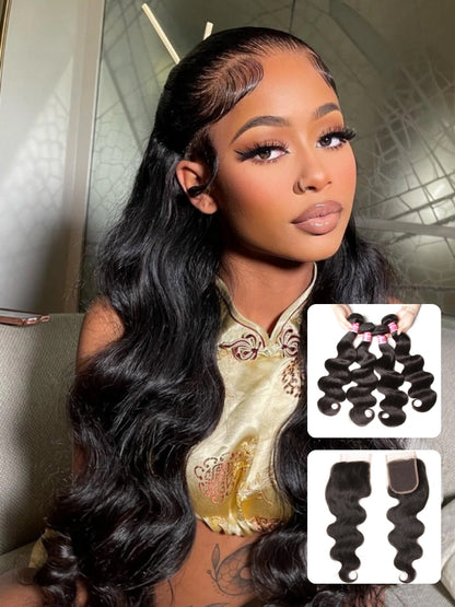 Sunber Hair Brazilian Body Wave Remy Human Hair 4 Bundles With 4*4 Lace Closure 100% Human Hair Extensions Flash Sale
