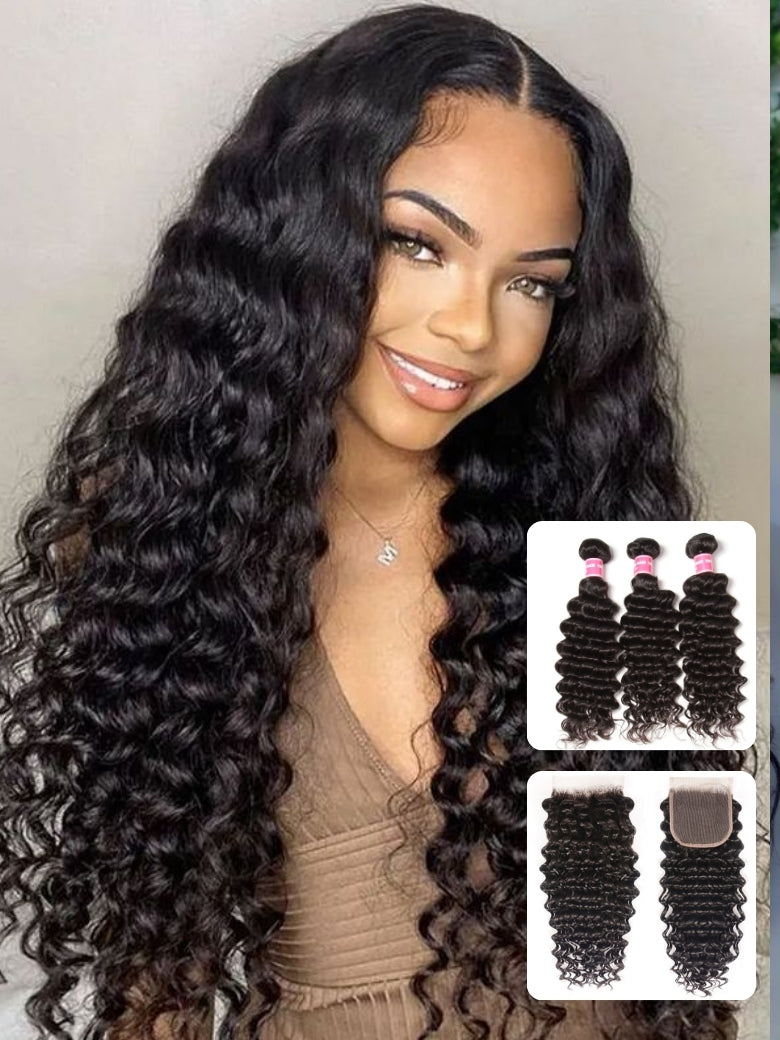 Sunber Hair Brazilian Virgin Deep Wave Hair 3 Bundles With  4"*4" Lace Closure, 100% Human Hair Flash Sale