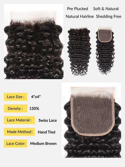 Sunber Deep Wave 4 Bundles Human Hair Weave With 4x4 Lace Closure Free Part Flash Sale