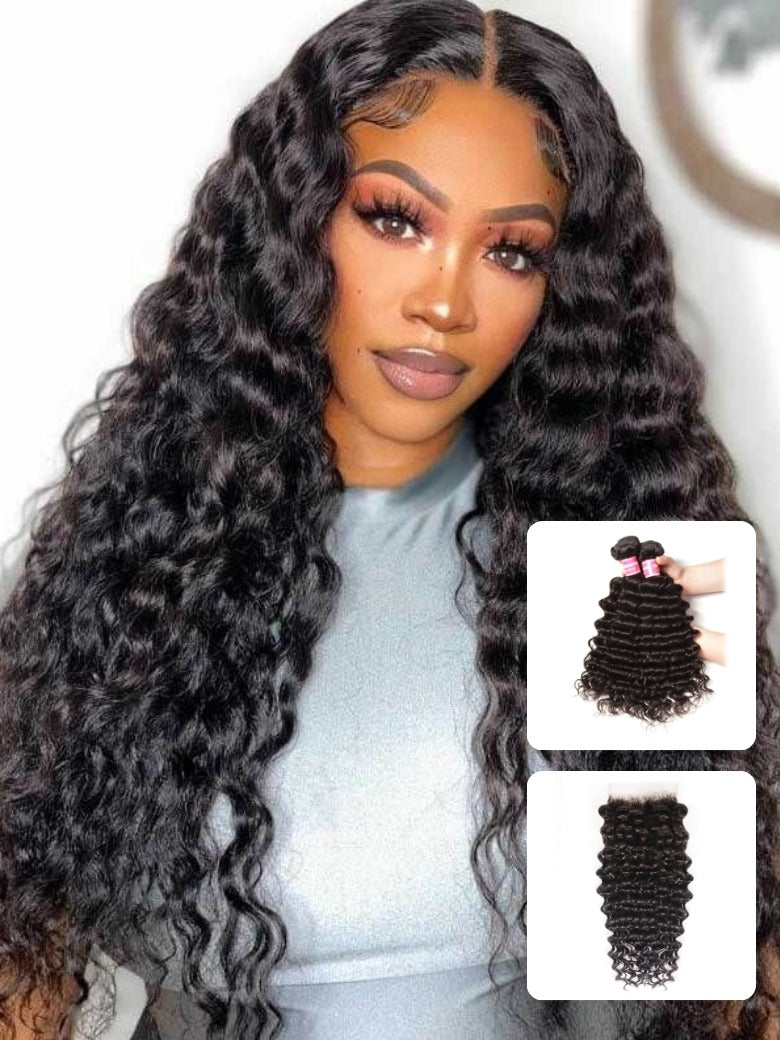 Sunber Deep Wave 4 Bundles Human Hair Weave With 4x4 Lace Closure Free Part Flash Sale