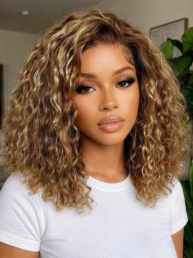 Sunber 180% Density 7x5 Pre Cut Honey Blonde Highlights Shoulder-length Bob Curly Lace Part Wig With Invisi Drawstring