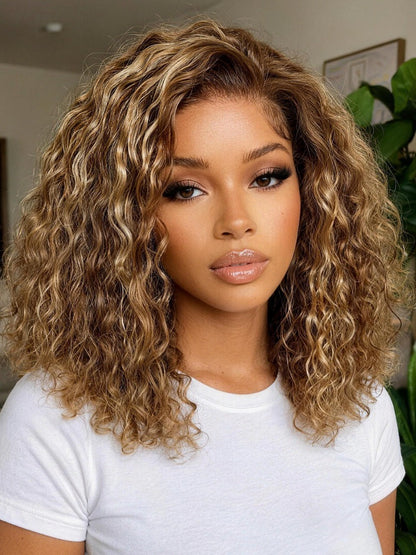 Sunber 180% Density 7x5 Pre Cut Honey Blonde Highlights Shoulder-length Bob Curly Lace Part Wig With Invisi Drawstring