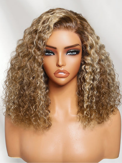 Sunber 180% Density 7x5 Pre Cut Honey Blonde Highlights Shoulder-length Bob Curly Lace Part Wig With Invisi Drawstring