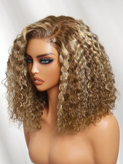 Sunber 180% Density 7x5 Pre Cut Honey Blonde Highlights Shoulder-length Bob Curly Lace Part Wig With Invisi Drawstring