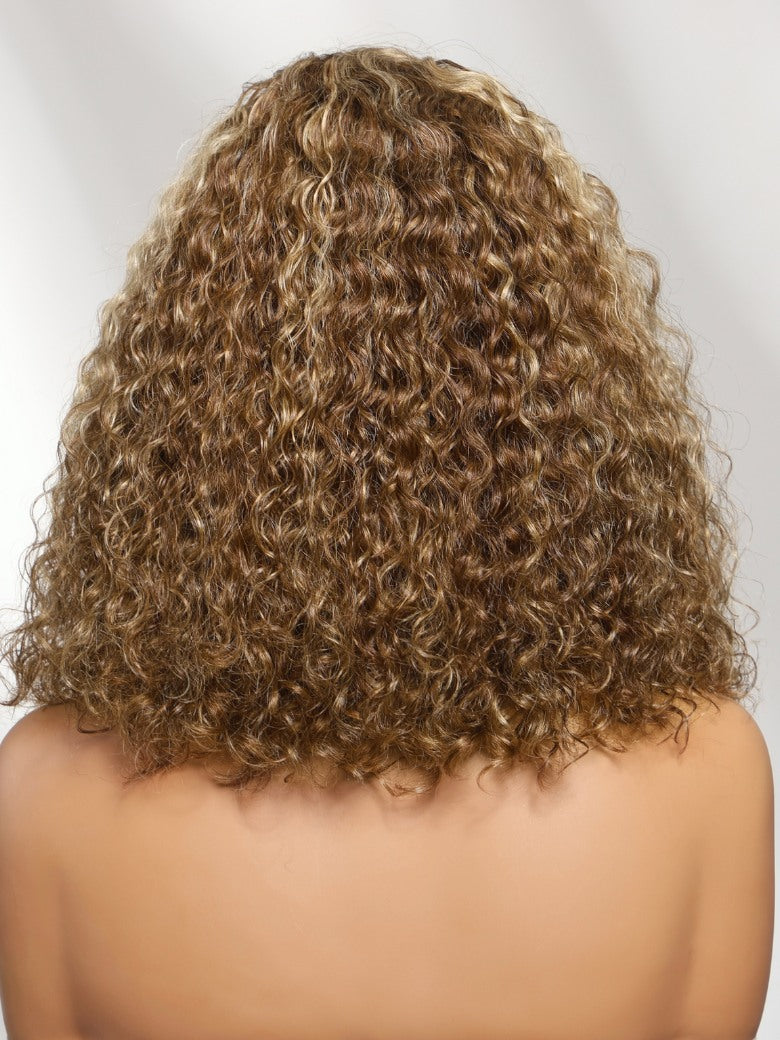 Sunber 180% Density 7x5 Pre Cut Honey Blonde Highlights Shoulder-length Bob Curly Lace Part Wig With Invisi Drawstring