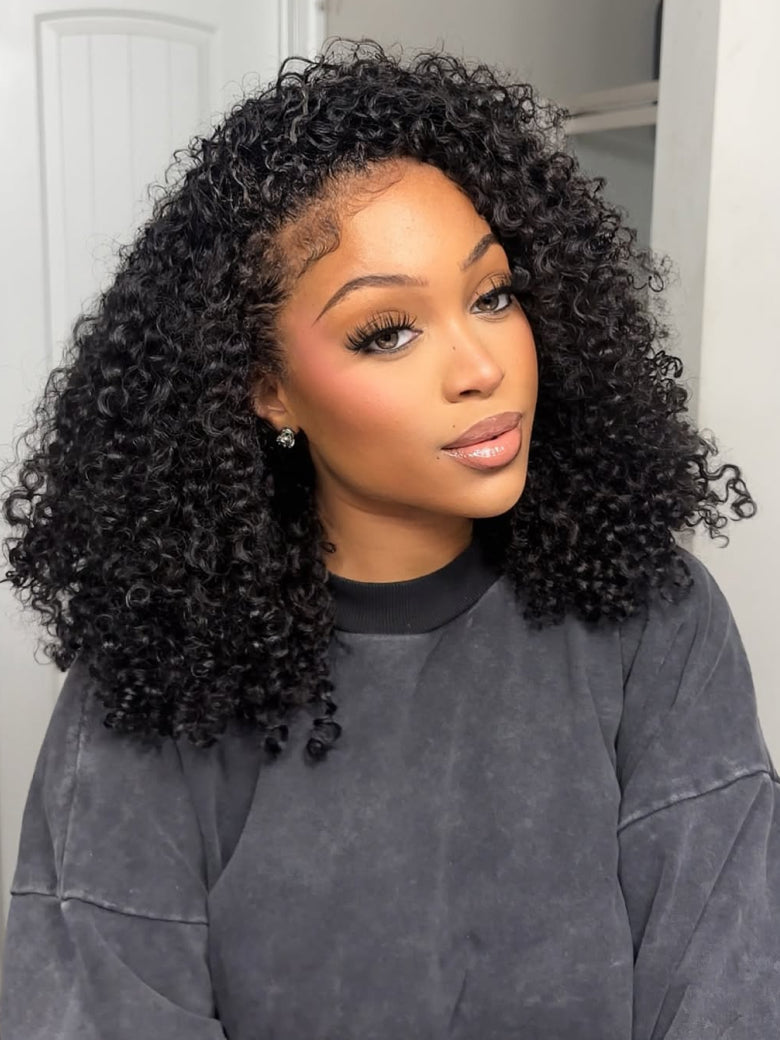 Sunber Flip Over 3/4 Half Wig Seamless Kinky Curly with 4C Edge and Invisi Drawstring-Glueless Put On And Go Beginner Friendly