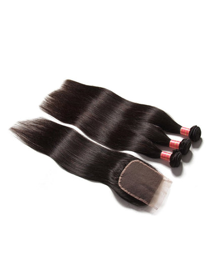 Sunber Hair Indian Virgin Hair Silky Straight Hair 3 Bundles With 4x4 Lace Closure, 8A Human Flash SaleHair Weaves