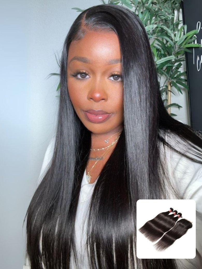 Sunber Hair Indian Virgin Hair Silky Straight Hair 3 Bundles With 4x4 Lace Closure, 8A Human Flash SaleHair Weaves