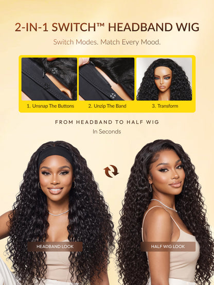 Sunber Headband Half Wig Beginner Friendly 2-IN-1 Switch™ Water Wave Glueless Wig With Flash Sale