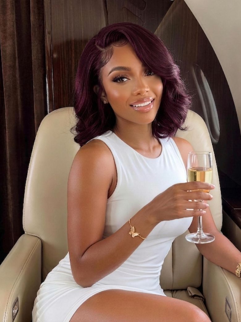 Sunber Purple Black Cherry Wispy Blow Out 7x5 Pre Cut Lace Loose Wave Bob Wig With Invisi Drawstring
