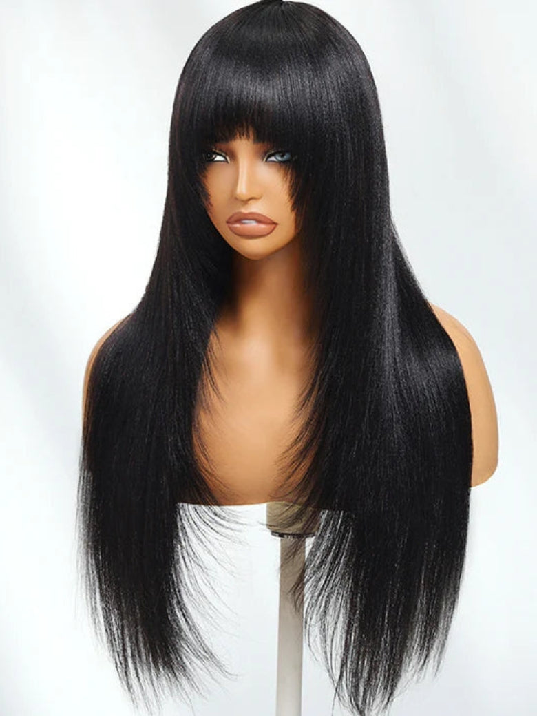 Sunber 7x5 Pre Cut Yaki Straight Natural Black Human Hair Glueless Lace Wig With Bangs